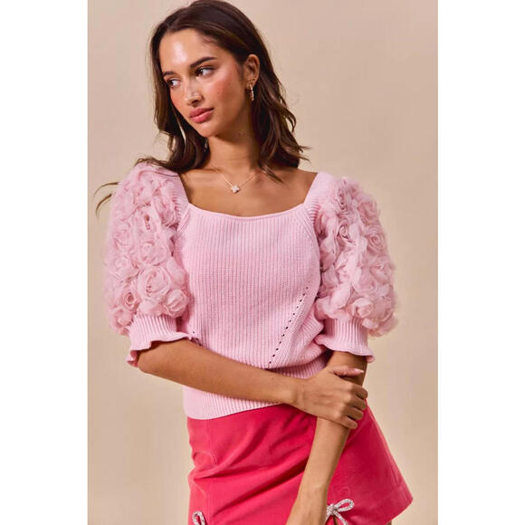 So Me Sweaters - Rosette Sleeves Square Neck Sweater Knit Top